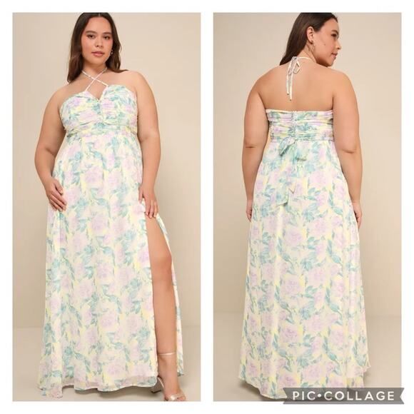 NEW Lulus Purple Flower Cinched Floral Effortlessly Abloom Halter Maxi Dress XL - Picture 1 of 6